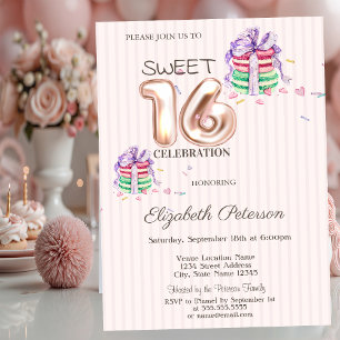Macarons Stripes Rose Gold Sweet 16 Invitation