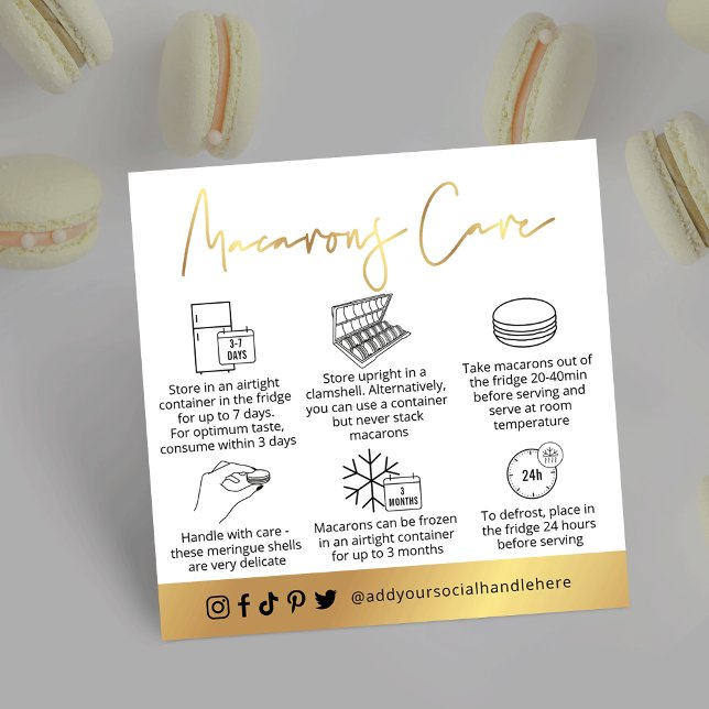 Macarons White & Gold Modern Desserts Care Guide Square Business Card (White and faux gold foil macarons care cards with space for your bakery logo and contact info)