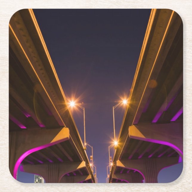 MacArthur Causeway seen from underneath at dusk Square Paper Coaster (Front)
