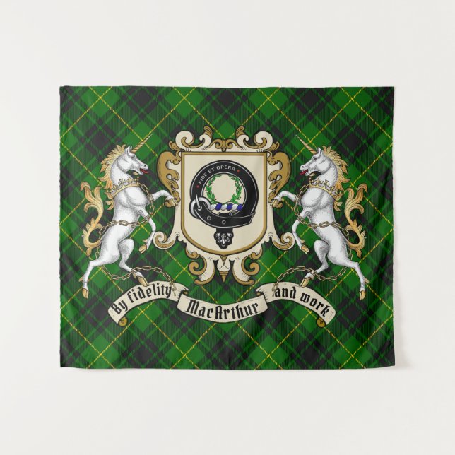 MacArthur Clan Badge & Unicorns w/Tartan Tapestry (Front (Horizontal))