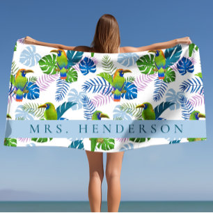 Macau and Palm Leaves Tropical Personalised Beach Towel
