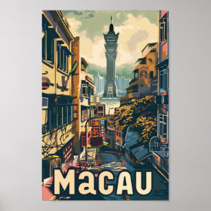 Macau China Vintage Retro Travel Illustration Poster