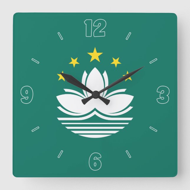 Macau Flag Green Yellow White Numbers Patriotic Square Wall Clock (Front)
