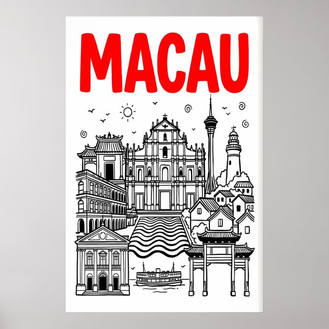 Macau Travel Poster, Bold Red Skyline, Landmarks Poster (Front)