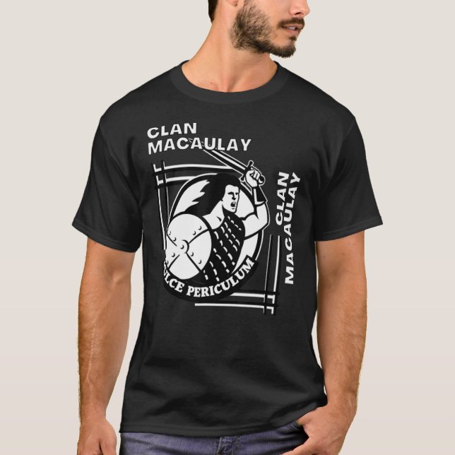 MacAulay Clan Gaelic Motto Swordsman T-Shirt (Front)