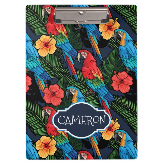 Macaw And Hibiscus Pattern | Add Your Name Clipboard (Front)