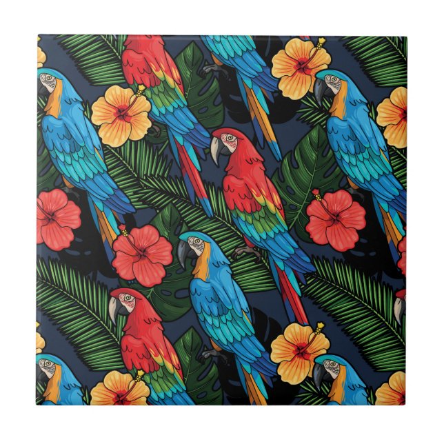 Macaw And Hibiscus Pattern Ceramic Tile (Front)