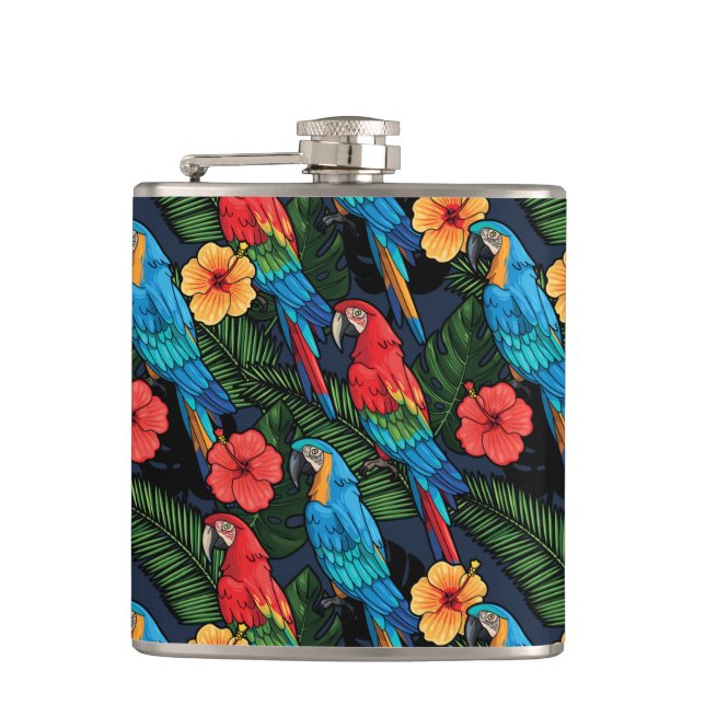 Macaw And Hibiscus Pattern Hip Flask (Front)