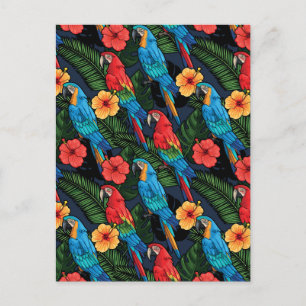 Macaw And Hibiscus Pattern Postcard