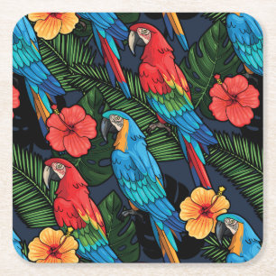 Macaw And Hibiscus Pattern Square Paper Coaster