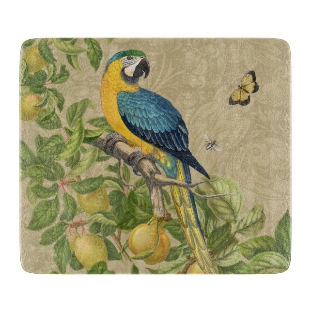 Macaw Blue Yellow Tropical Jungle Antique Cutting Board (Front)