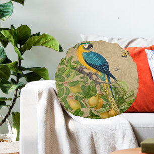 Macaw Blue Yellow Tropical Jungle Antique Round Cushion