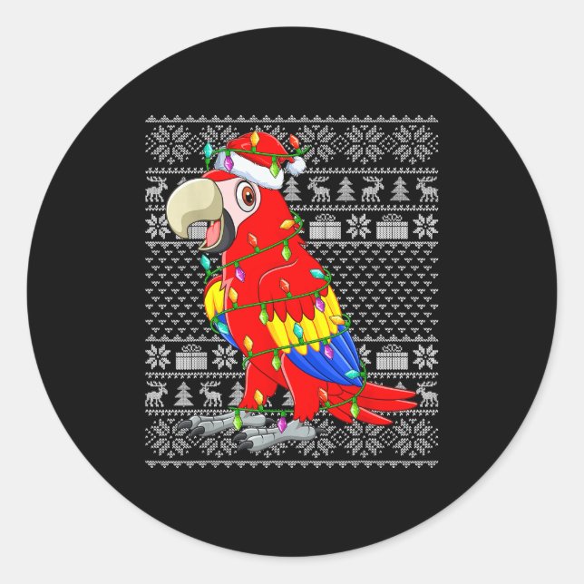 Macaw Parrot Christmas Lights Ugly Sweater Funny B Classic Round Sticker (Front)