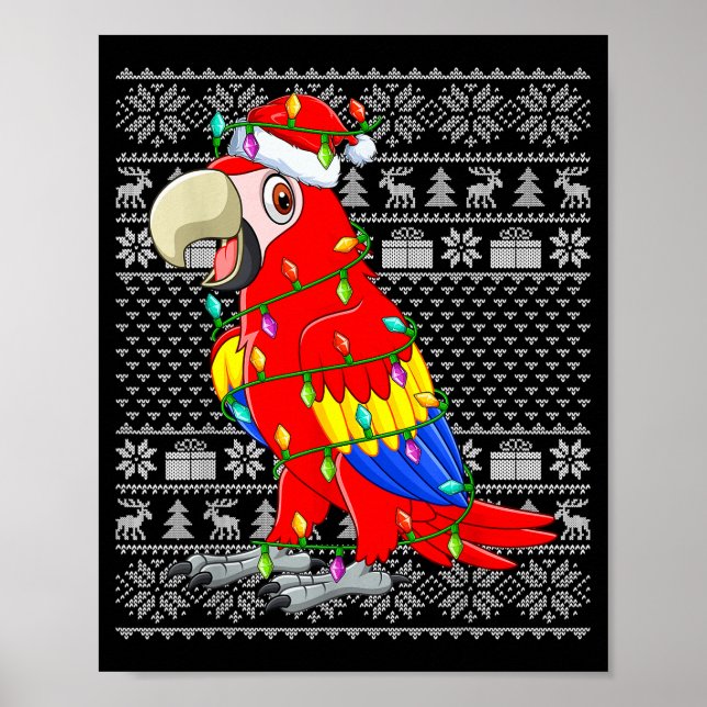 Macaw Parrot Christmas Lights Ugly Sweater Funny B Poster (Front)
