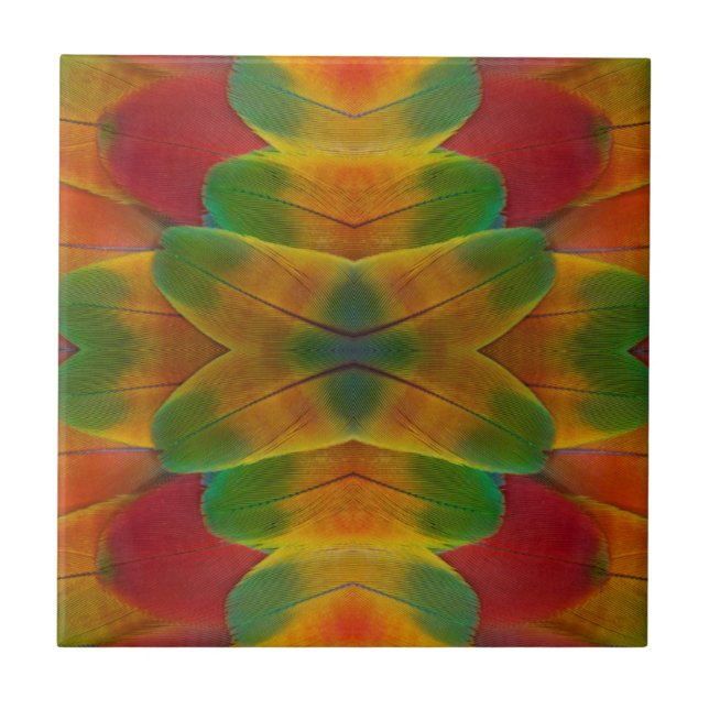 Macaw parrot feather kaleidoscope ceramic tile (Front)