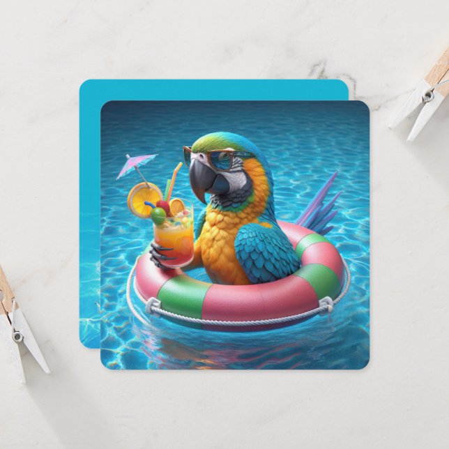 Macaw Parrot Pool Party Invitation (Front/Back In Situ)