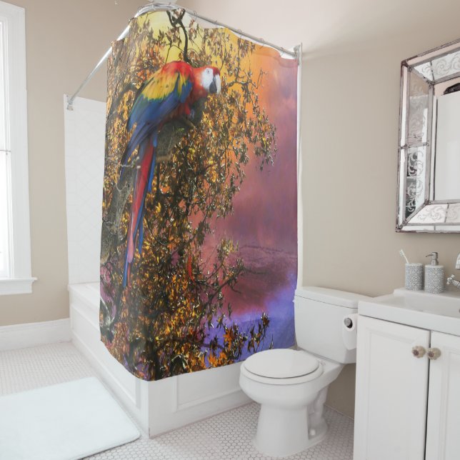 MACAW PARROT RAIN FOREST OUTPOST SHOWER CURTAIN (In Situ)
