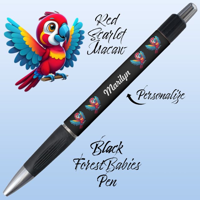 Macaw Parrot, Tropical Bird Safari Animal Black 🦜 (Cute Whimsical Tropical Macaw Parrot Bird Cartoon Graphic, Black Customizable ForestBabies Pen 🐦🌴)