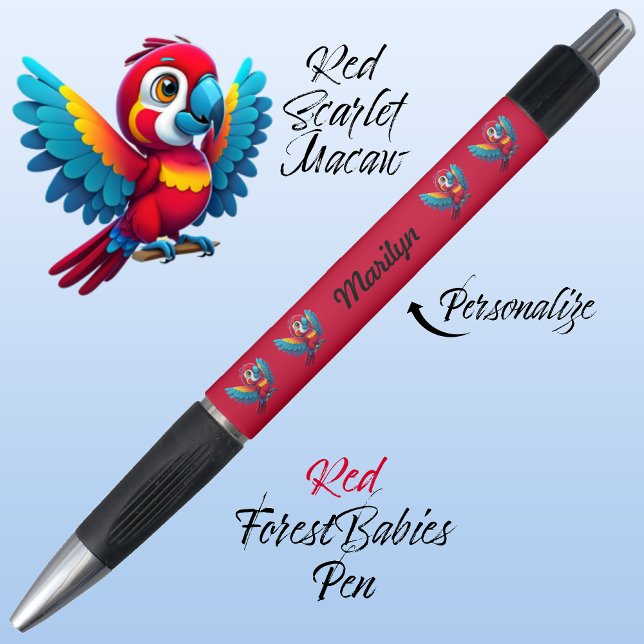 Macaw Parrot, Tropical Bird Safari Animal Red 🦜 (Cute Whimsical Tropical Macaw Parrot Bird Cartoon Graphic, Red Customizable ForestBabies Pen 🐦🌴)