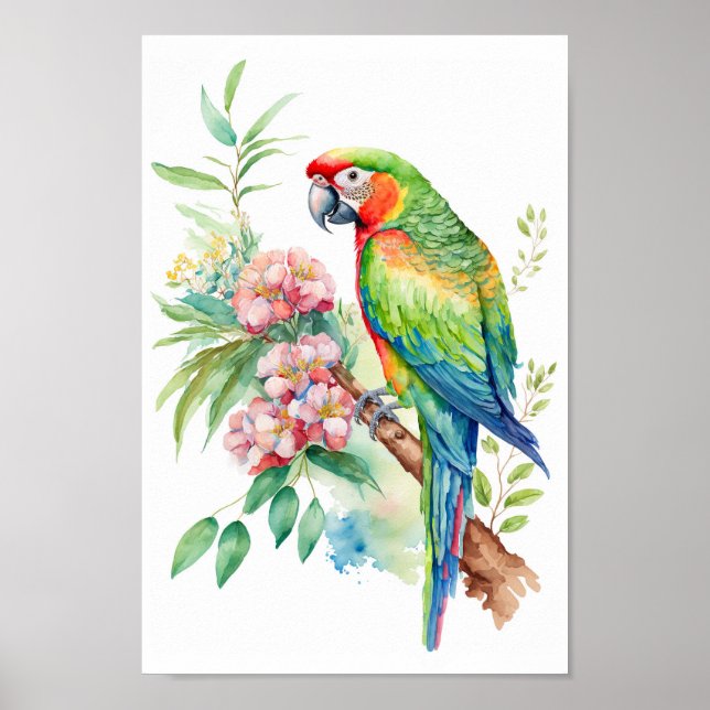 Macaw Parrot wall art with tropical flowers print  (Front)
