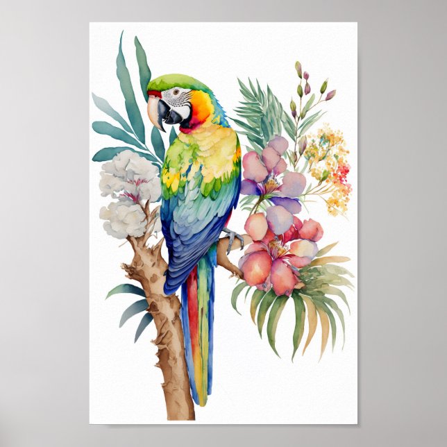 Macaw Parrot wall art with tropical flowers print  (Front)
