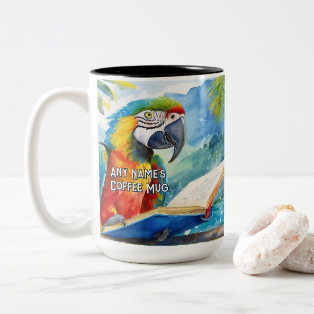 Macaw Reading the Big Book Two-Tone Coffee Mug (With Donut)