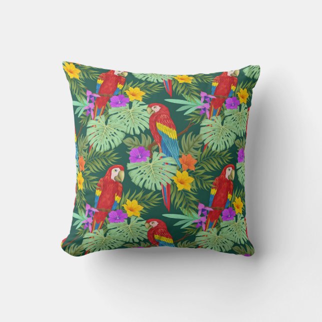 Macaw, tropical plants: seamless pattern. cushion (Front)