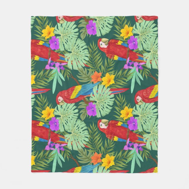 Macaw, tropical plants: seamless pattern. fleece blanket (Front)