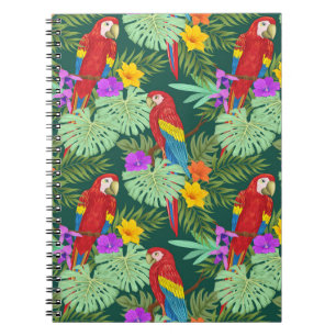Macaw, tropical plants: seamless pattern. notebook