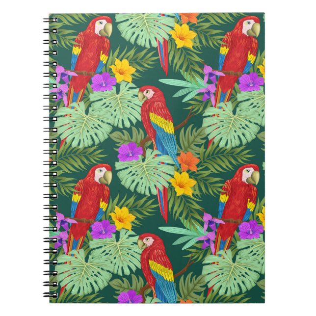 Macaw, tropical plants: seamless pattern. notebook (Front)