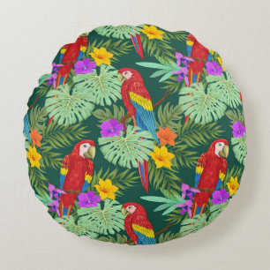 Macaw, tropical plants: seamless pattern. round cushion