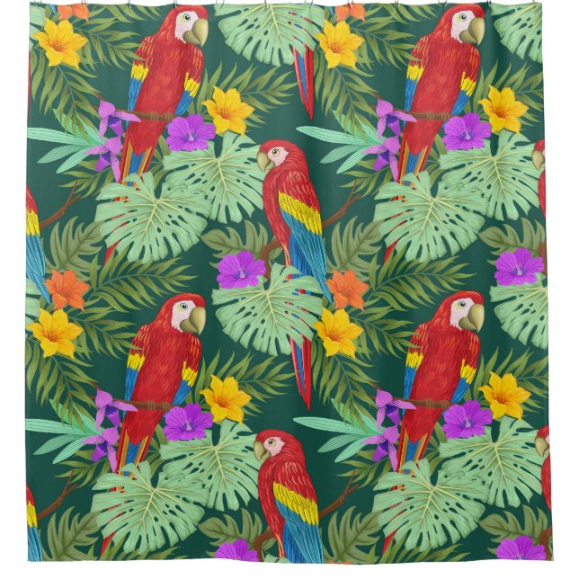 Macaw, tropical plants: seamless pattern. shower curtain (Front)