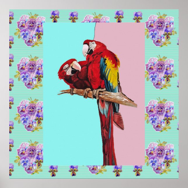 Macaw Watercolor Bird Painting Aqua Pink Poster (Front)