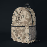 Maccabee Shield And Spears - Desert  Printed Backpack<br><div class="desc">A military brown "subdued" style depiction of a Maccabee's shield and two spears on a desert camo background. The shield is adorned by a lion and text reading "Yisrael" (Israel) in the Paleo-Hebrew alphabet. Modern Hebrew text reading "Maccabee" also appears. Customise by adding your own additional text on the reverse...</div>