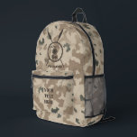 Maccabee Shield And Spears - Desert  Printed Backpack<br><div class="desc">A military brown "subdued" style depiction of a Maccabee's shield and two spears on a desert camo background. The shield is adorned by a lion and text reading "Yisrael" (Israel) in the Paleo-Hebrew alphabet. Modern Hebrew text reading "Maccabee" also appears. Customise by adding your own additional text on the reverse...</div>