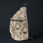 Maccabee Shield And Spears - Desert  Sling Bag<br><div class="desc">A military brown "subdued" style depiction of a Maccabee's shield and two spears on a desert camo background. The shield is adorned by a lion and text reading "Yisrael" (Israel) in the Paleo-Hebrew alphabet. Hebrew text reading "Maccabee" also appears. Customise by adding your own additional text. The Maccabees were Jewish...</div>