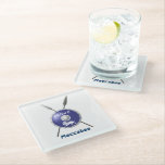 Maccabee Shield And Spears Glass Coaster<br><div class="desc">A depiction of a Maccabee's shield and two spears. The shield is adorned by a lion and text reading "Yisrael" (Israel) in the Paleo-Hebrew alphabet. English text "Maccabee" also appears. The Maccabees were Jewish rebels who freed Judea from the yoke of the Seleucid Empire. Chanukkah is not just a mid-winter...</div>