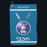 Maccabee Shield And Spears Golf Towel<br><div class="desc">A depiction of a Maccabee's shield and two spears. The shield is adorned by a lion and text reading "Yisrael" (Israel) in the Paleo-Hebrew alphabet. Modern Hebrew text reading "Maccabee" also appears. You may add your own additional text. The Maccabees were Jewish rebels who freed Judea from the yoke of...</div>