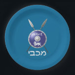 Maccabee Shield And Spears Paper Plate<br><div class="desc">For your Chanukkah party. A depiction of a Maccabee's shield and two spears. The shield is adorned by a lion and text reading "Yisrael" (Israel) in the Paleo-Hebrew alphabet. "Maccabee" also appears in modern Hebrew. Customisable text reading "Happy Chanukkah! appears on the reverse side. The Maccabees were Jewish rebels who...</div>