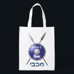 Maccabee Shield And Spears Reusable Grocery Bag<br><div class="desc">A depiction of a Maccabee's shield and two spears. The shield is adorned by a lion and text reading "Yisrael" (Israel) in the Paleo-Hebrew alphabet. "Maccabee" also appears in modern Hebrew. The Maccabees were Jewish rebels who freed Judea from the yoke of the Seleucid Empire. Chanukkah is not just a...</div>