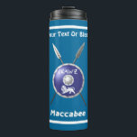 Maccabee Shield And Spears Thermal Tumbler<br><div class="desc">A depiction of a Maccabee's shield and two spears. The shield is adorned by a lion and text reading "Yisrael" (Israel) in the Paleo-Hebrew alphabet. English text reading, "Maccabee" also appears. You may also add your own additional text. The Maccabees were Jewish rebels who freed Judea from the yoke of...</div>