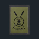 Maccabee Shield And Spears Tri-fold Wallet<br><div class="desc">A black military "subdued" style depiction of a Maccabee's shield and two spears. The shield is adorned by a lion and text reading "Yisrael" (Israel) in the Paleo-Hebrew alphabet. Hebrew text reading "Maccabee" also appears. The Maccabees were Jewish rebels who freed Judea from the yoke of the Seleucid Empire. Chanukkah...</div>