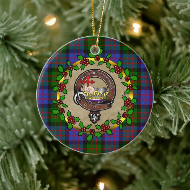 MacDonald Badge & Tartan Personalised Christmas Ceramic Ornament (Tree)