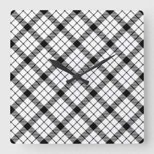MacFarlane tartan black white plaid Square Wall Clock (Front)