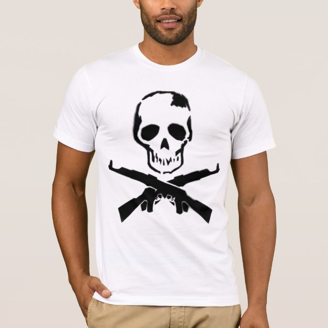 Machine Gun and Skull fitted white mens tshirt (Front)