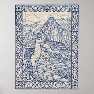Machu Picchu Llama Blue Portuguese Azulejo Art Poster