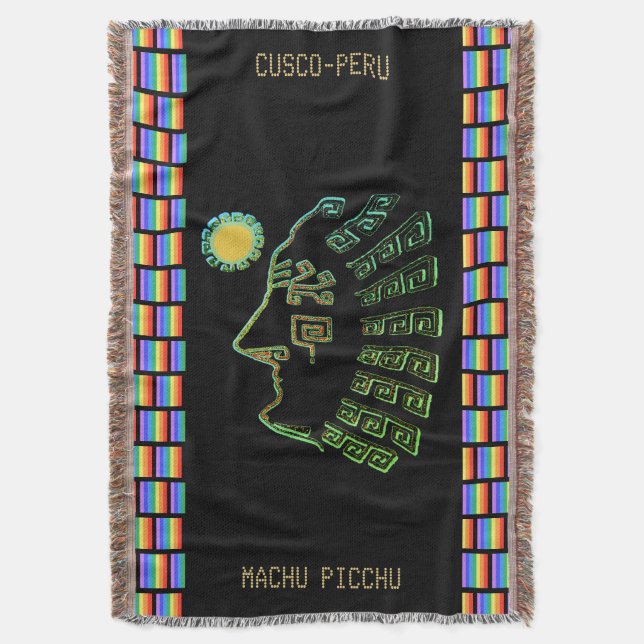 Machu_Picchu Silhouette & Rainbow Colours Throw Blanket (Front Vertical)