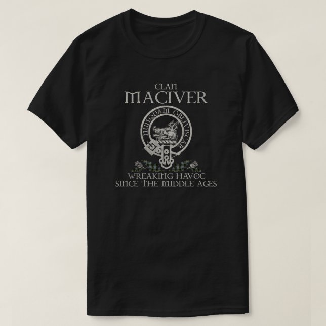 MacIver 2 Clan crest Scottish surname tartan Thist T-Shirt (Design Front)