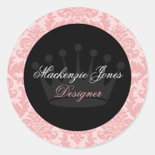 Mackenzie Pink & Black Damask Chic Round Sticker