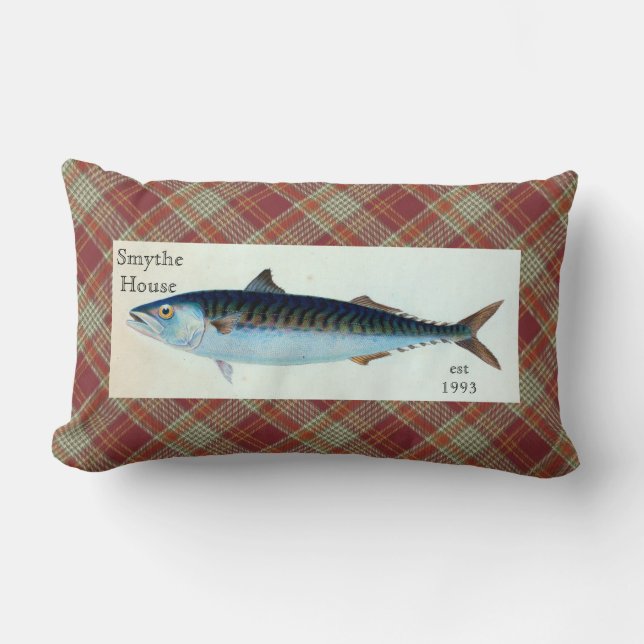 Mackerel Fish Red Orange Plaid Lumbar Throw Pillow (Front)